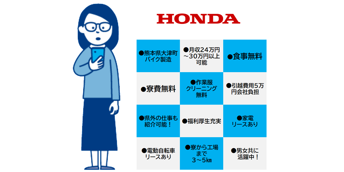 ●ＨＯＮＤＡ●【バイク製造】安定の土日休み/熊本県　●入寮　●食事　●クリーニング無料です！未経験者大歓迎！