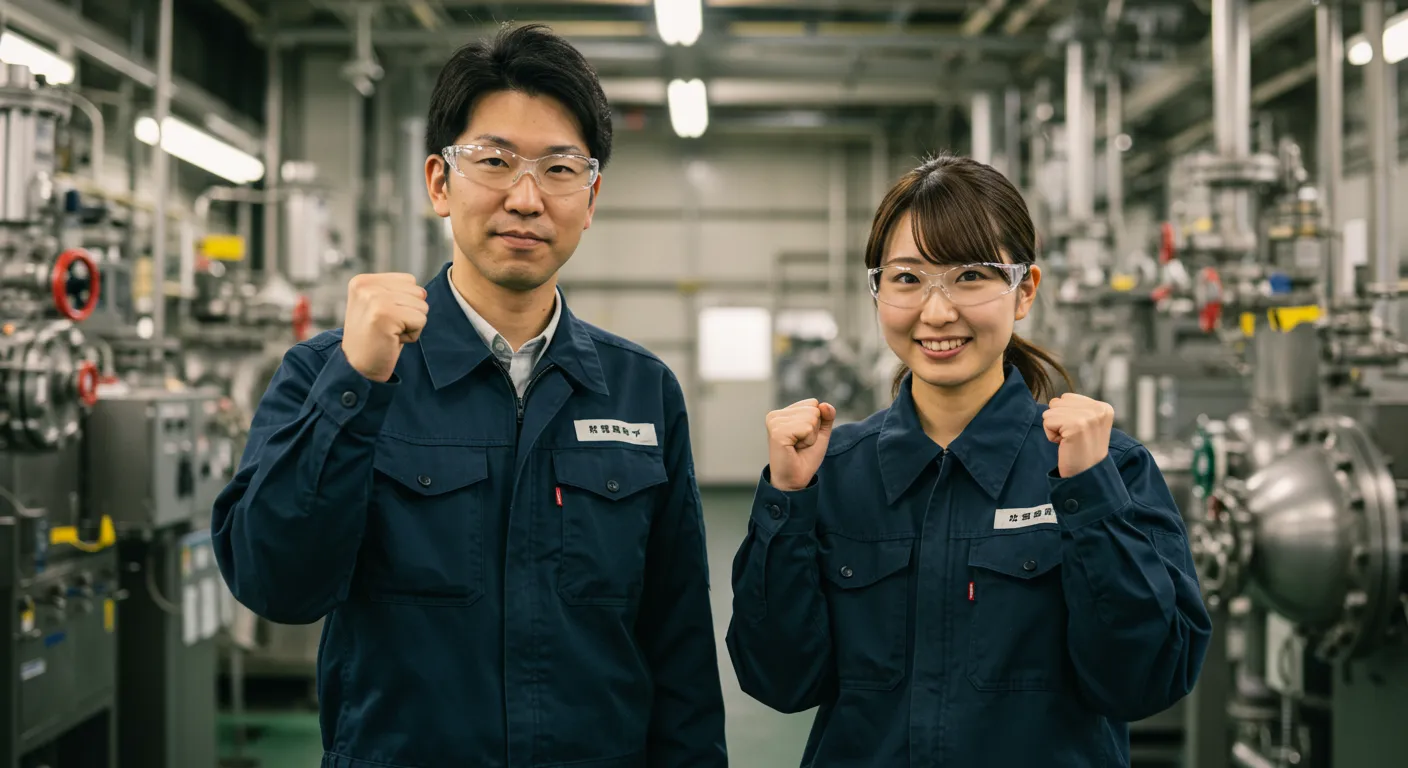 化学工場で働く日本人の男女2人組