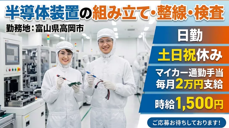 日勤土日祝休み/高岡駅から車で10分‼マイカー通勤手当2万円支給‼/20代～40代男女活躍中/富山県高岡市