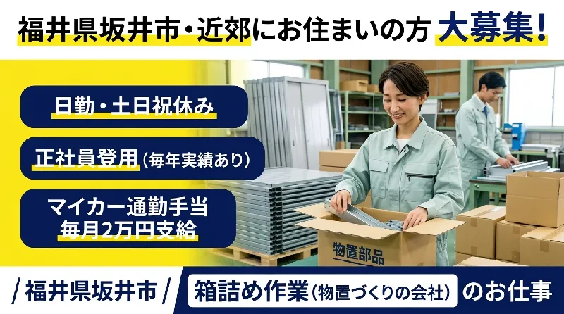 【マイカー通勤手当２万円】メーカー転籍実績多数‼／物置の梱包作業／日勤専属／土日祝休み／芦原温泉駅から車で25分